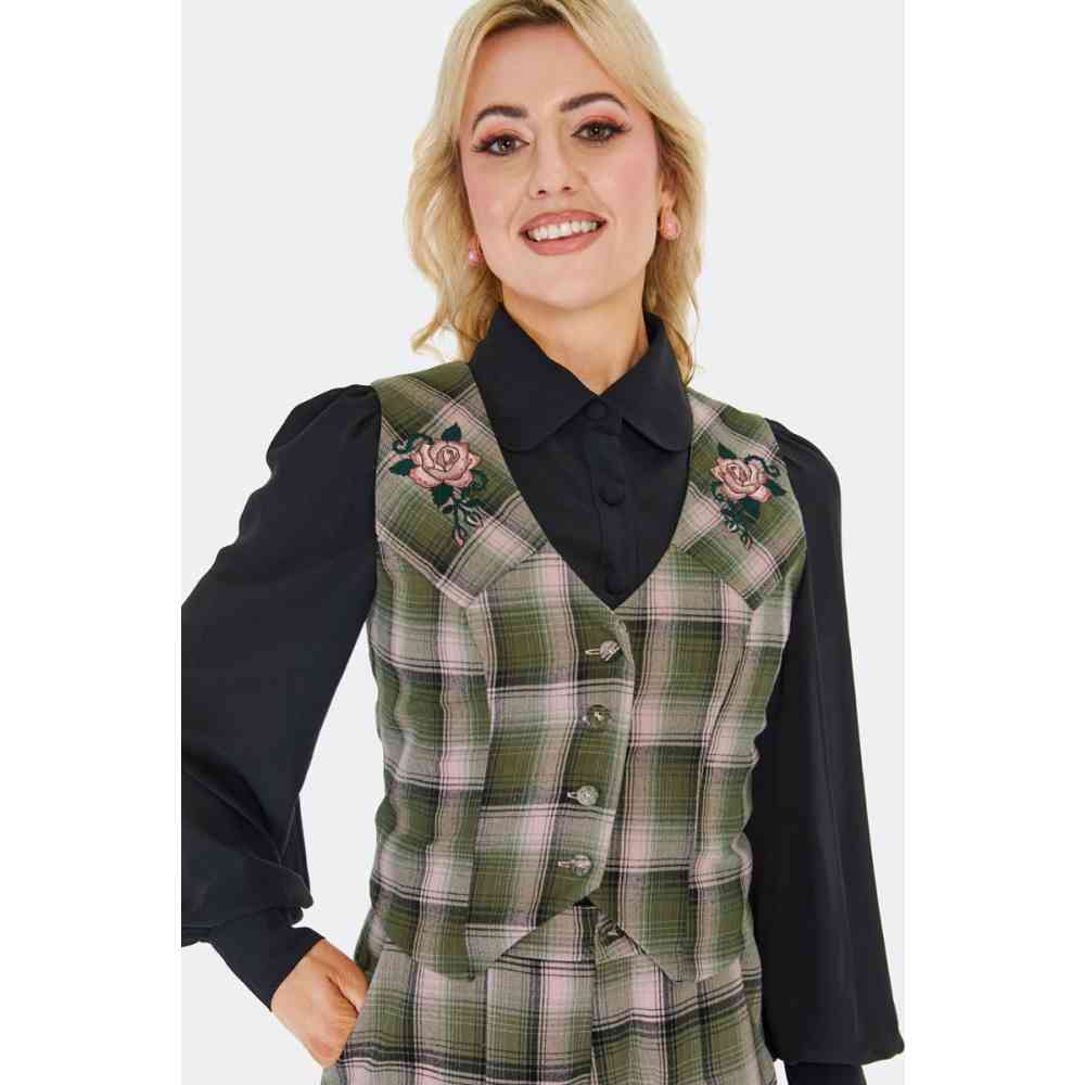 Voodoo Vixen - Plaid Flower Embroidered Western Haut sans manches - Multicolore